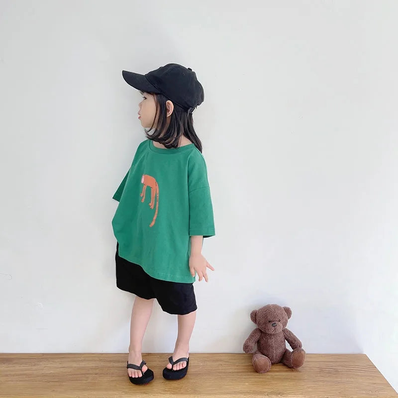 ‌Korean Style Summer Kids T-Shirt Cute Cartoon Print Loose Fit Drop Shoulder Mid-Sleeve Top for Baby Boys Girls Toddler Clothes