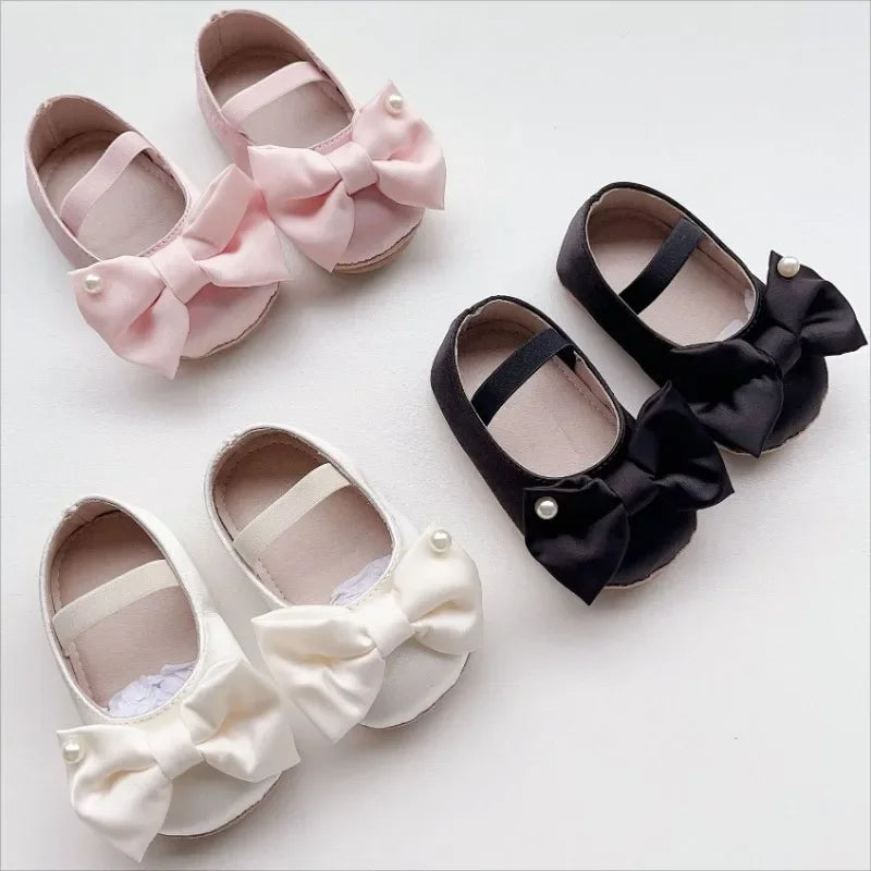 0-18M Newborn Baby Bowknot Shoes Rubber Sole Anti-slip PU Ballet Slippers Infant Girl Dress First Walkers Kids Pearl Crib Shoes