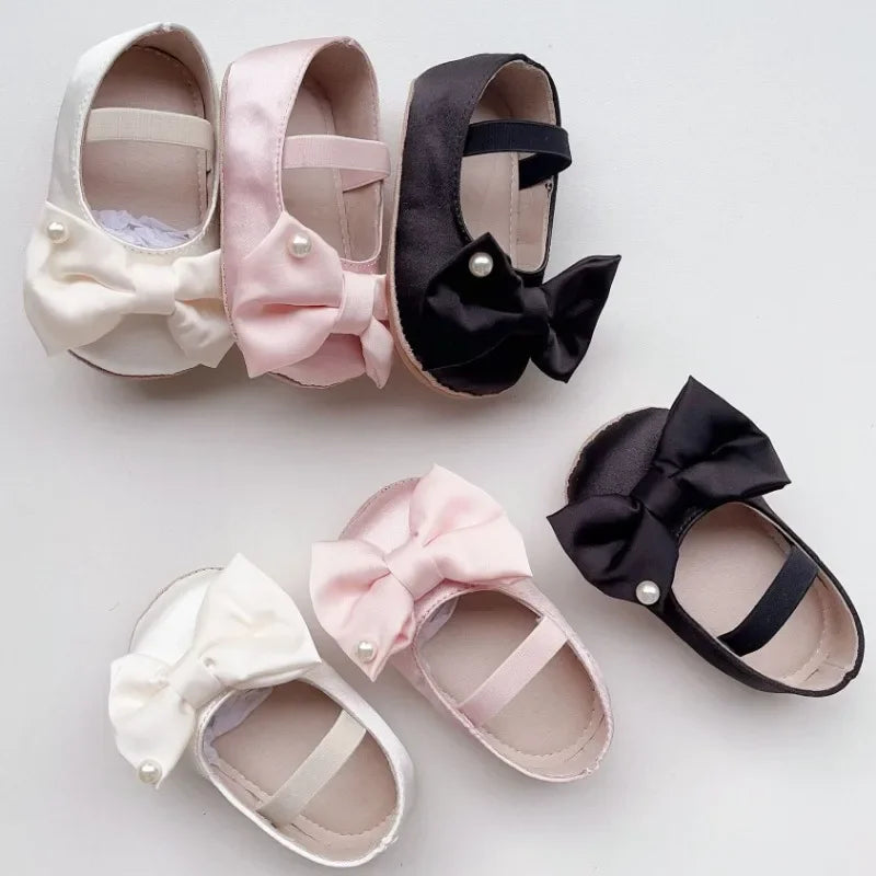0-18M Newborn Baby Bowknot Shoes Rubber Sole Anti-slip PU Ballet Slippers Infant Girl Dress First Walkers Kids Pearl Crib Shoes