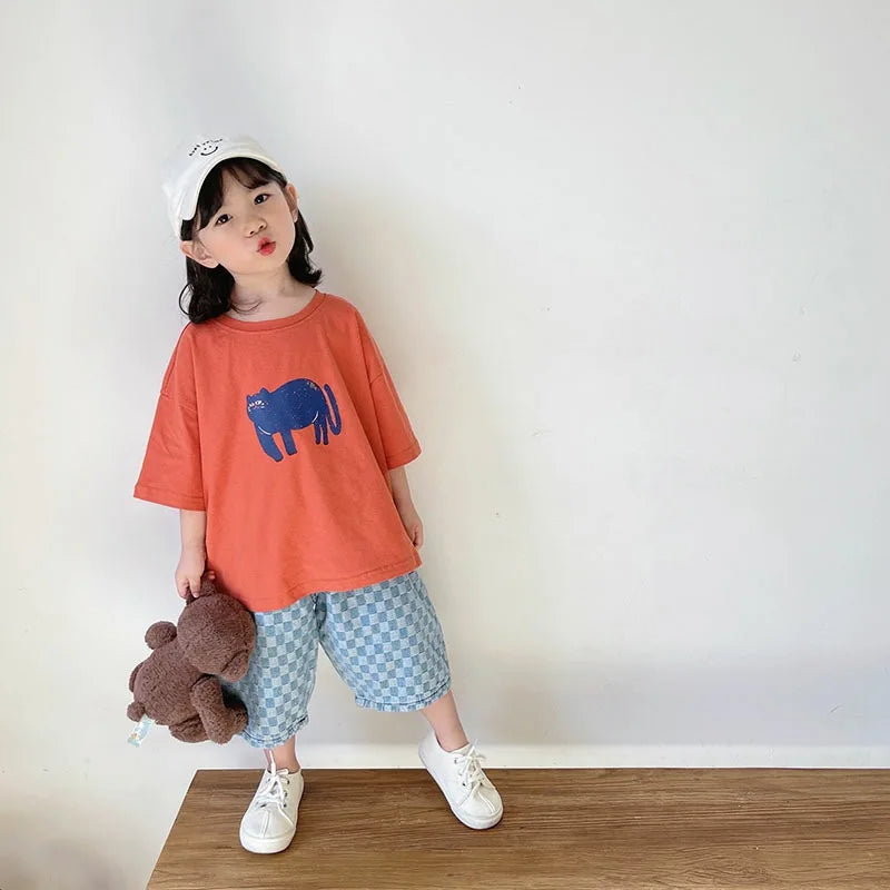 ‌Korean Style Summer Kids T-Shirt Cute Cartoon Print Loose Fit Drop Shoulder Mid-Sleeve Top for Baby Boys Girls Toddler Clothes