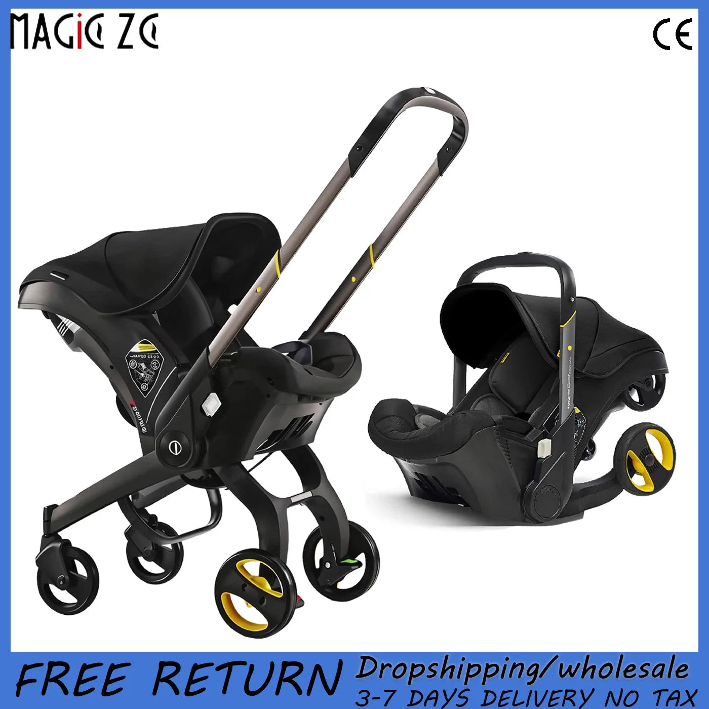 Newborn to Toddler Travel System All-in-One Baby Mobility Solution, Stroller + Car Seat + Cradle + Basket, Anti-Rebound Handle Design, Shock Absorption Plastic, 5-Point Safety Belt, Foot Brake, Unfold 82cm, Fold 60cm, 0-6 Yea