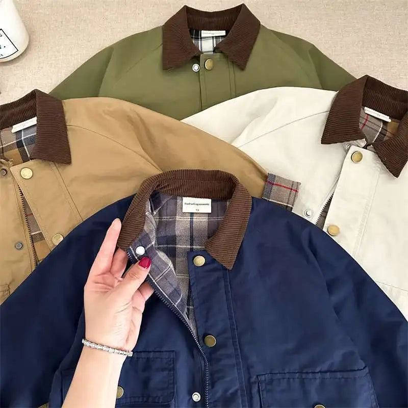 KIDWHXR Spring Kids Boys Coat Plaid Spliced Turn Down Collar Toddler Boys Outerwears Long Sleeve Pocket Children Boys Jacket