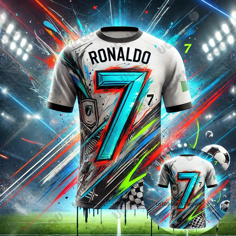 New Arriavl Summer Ai Design Graffiti Ronaldo #7 Print Football Jersey For Children T-shirt Casual Tees Sports Kids/Adult Tops