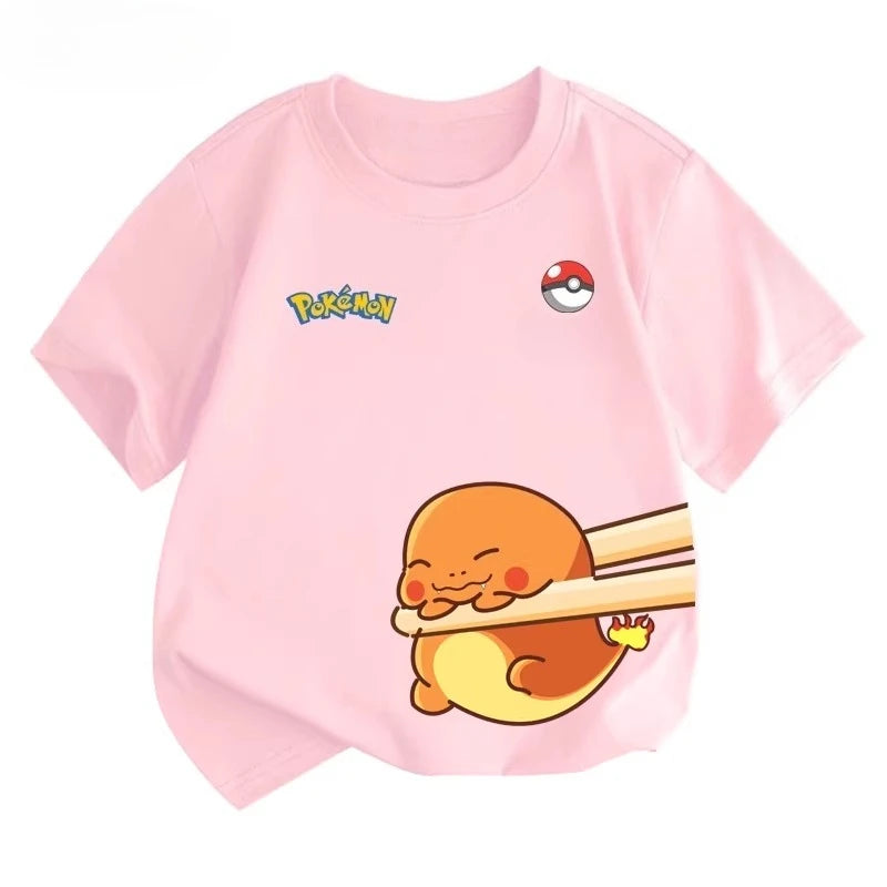 Potdemiel Summer New Pikachu Print Children's Pure Cotton T-Shirt, Boys and Girls, Comfortable and Breathable Children's T-Shirt