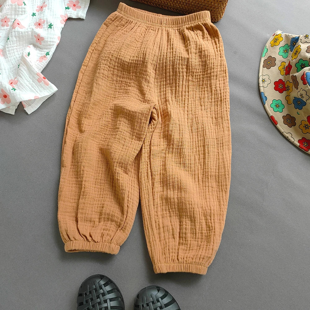 Summer Kids Cotton Line Harem Pant Children Clothes Girl Boy Solid Colour Cropped Pants Casual Girls Pants