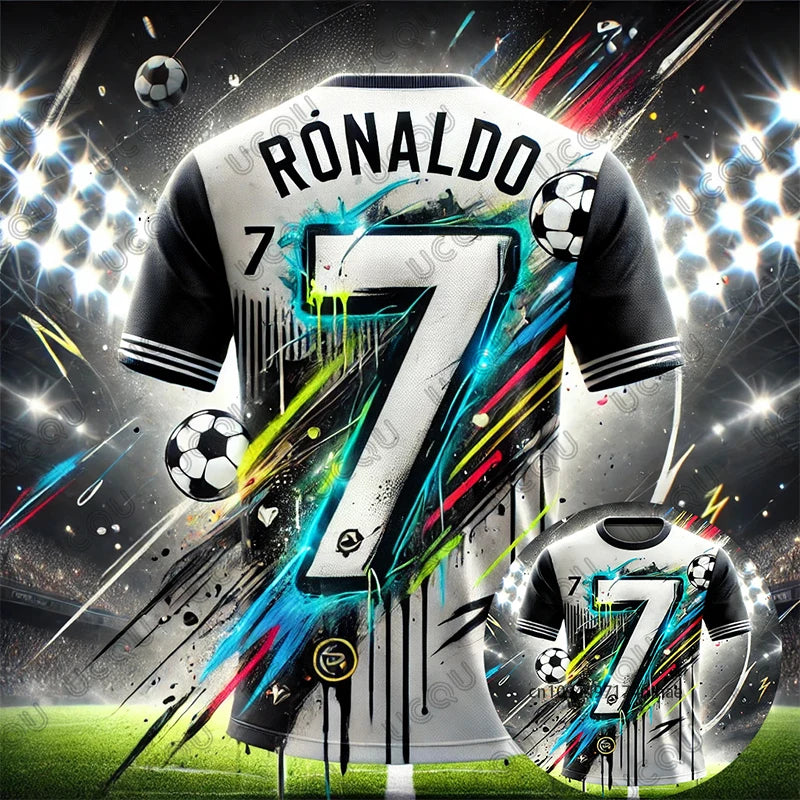 New Arriavl Summer Ai Design Graffiti Ronaldo #7 Print Football Jersey For Children T-shirt Casual Tees Sports Kids/Adult Tops
