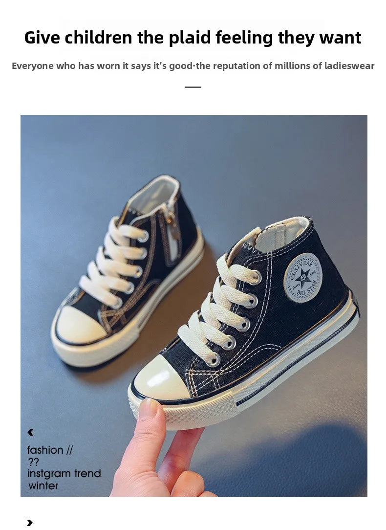 Girls Spring Korean Version Soft Soled Casual Shoes Boys High Top Canvas Shoes Children Antiskid Student Board Shoes Solid Color
