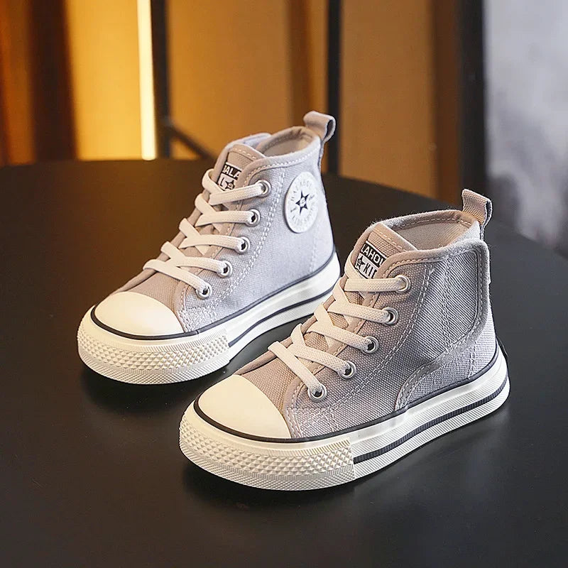 Spring Autumn Children Canvas Shoes Boys High Top Girls Casual Board Shoes Soft Soled Velcro Antiskid Solid Color Breathable