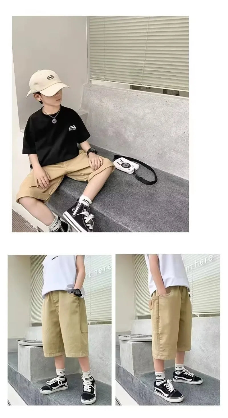 UNITIM Summer 3-14Y Kids Boy Shorts Sticker Pockets Children Boys Half-length Pant Loose Casual Elastic Waist Junior Boys Shorts