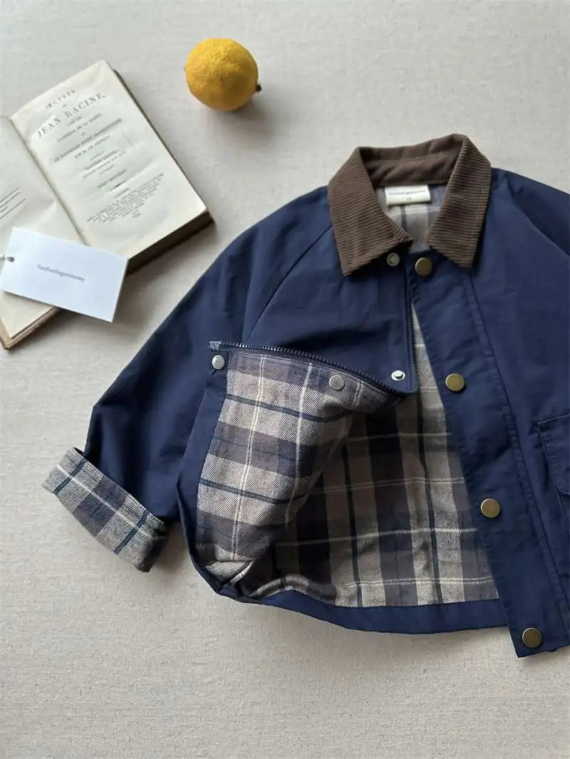 KIDWHXR Spring Kids Boys Coat Plaid Spliced Turn Down Collar Toddler Boys Outerwears Long Sleeve Pocket Children Boys Jacket