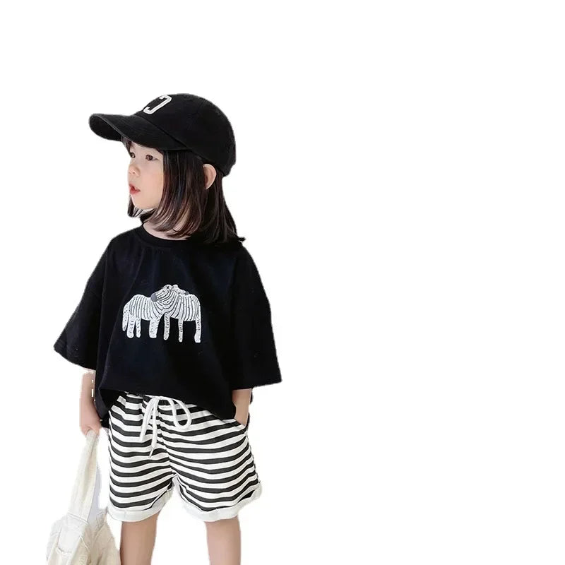 ‌Korean Style Summer Kids T-Shirt Cute Cartoon Print Loose Fit Drop Shoulder Mid-Sleeve Top for Baby Boys Girls Toddler Clothes