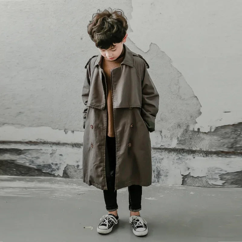 6-16y Kids Trench Coat Spring Autumn Boys Jacket Overcoat Long Sleeve Turn-Down Collar Children Windbreaker Top Clothes H20-63