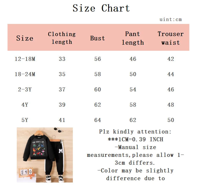 Boys' Sports Style Set Round Neck Dinosaur Printed Long Sleeve+Long Pants 2-piece Set 1-5 Year Old Boys' Spring and Autumn Set