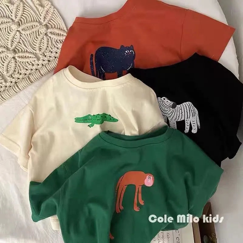 1-6 Age Children's Clothes Solid Color Printed Animal Kids Tees Tops Short-sleeved Summer Clothing Loose Fashion Girls T Shirts