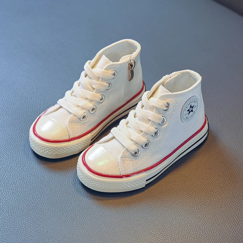 Girls Spring Korean Version Soft Soled Casual Shoes Boys High Top Canvas Shoes Children Antiskid Student Board Shoes Solid Color
