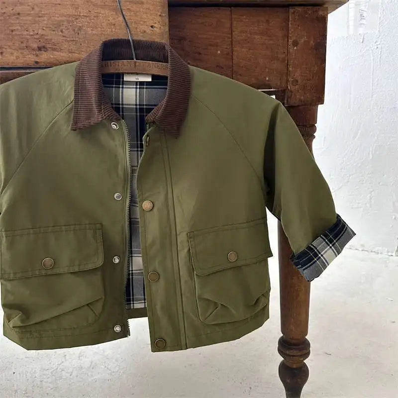 KIDWHXR Spring Kids Boys Coat Plaid Spliced Turn Down Collar Toddler Boys Outerwears Long Sleeve Pocket Children Boys Jacket