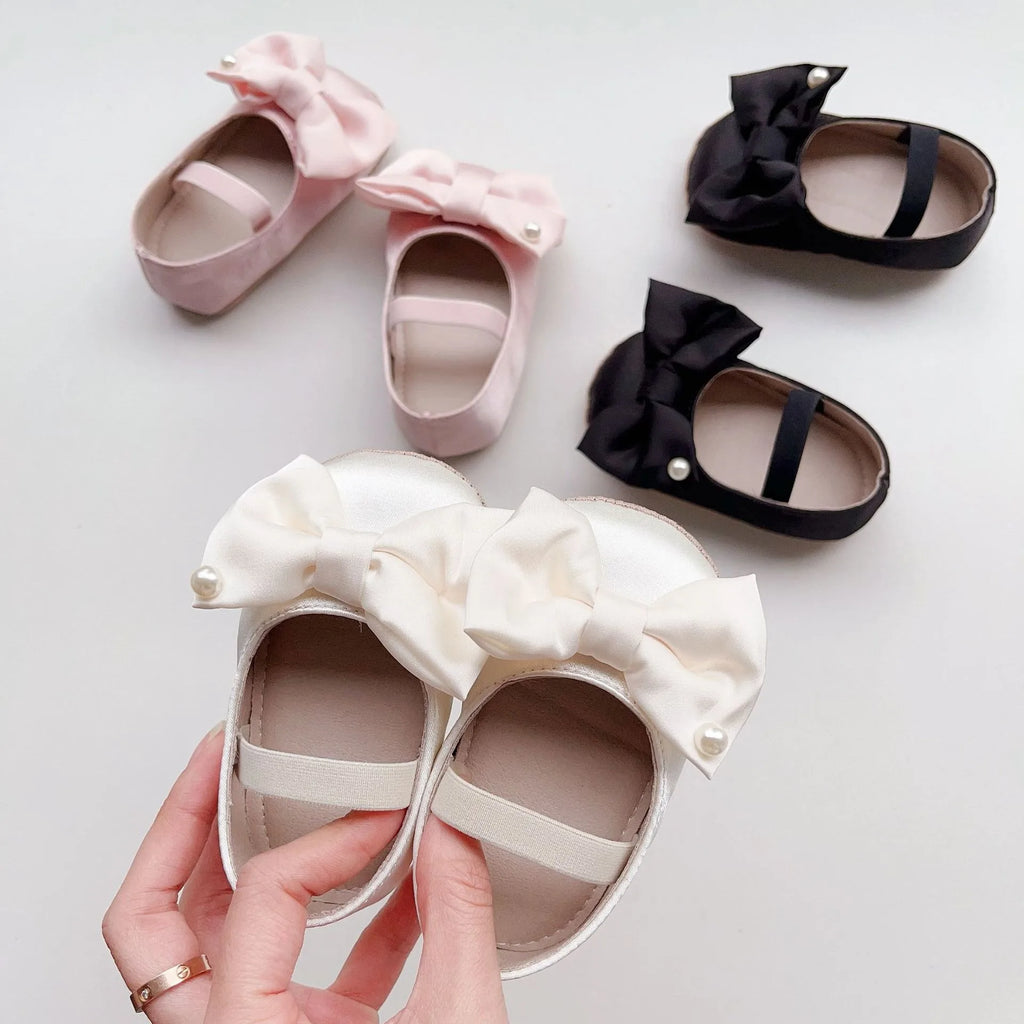 0-18M Newborn Baby Bowknot Shoes Rubber Sole Anti-slip PU Ballet Slippers Infant Girl Dress First Walkers Kids Pearl Crib Shoes