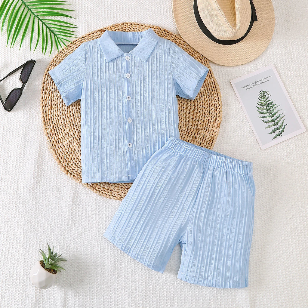 Boys Summer Casual Solid Color Collared Open Front Short Sleeve Outfit Set