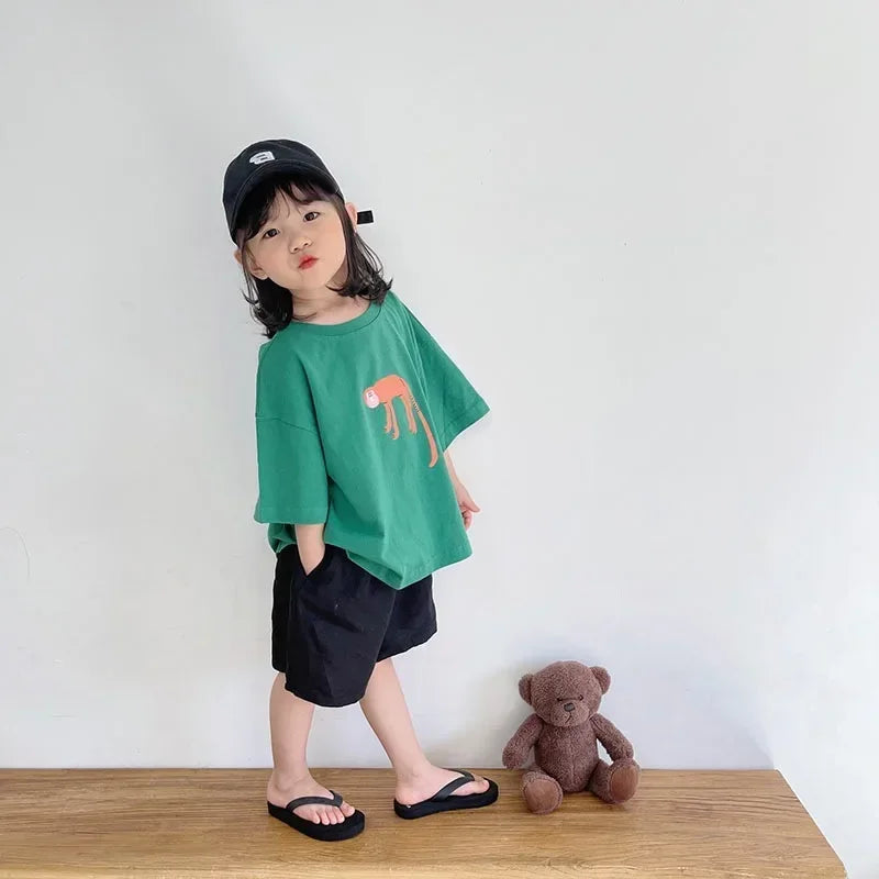 ‌Korean Style Summer Kids T-Shirt Cute Cartoon Print Loose Fit Drop Shoulder Mid-Sleeve Top for Baby Boys Girls Toddler Clothes