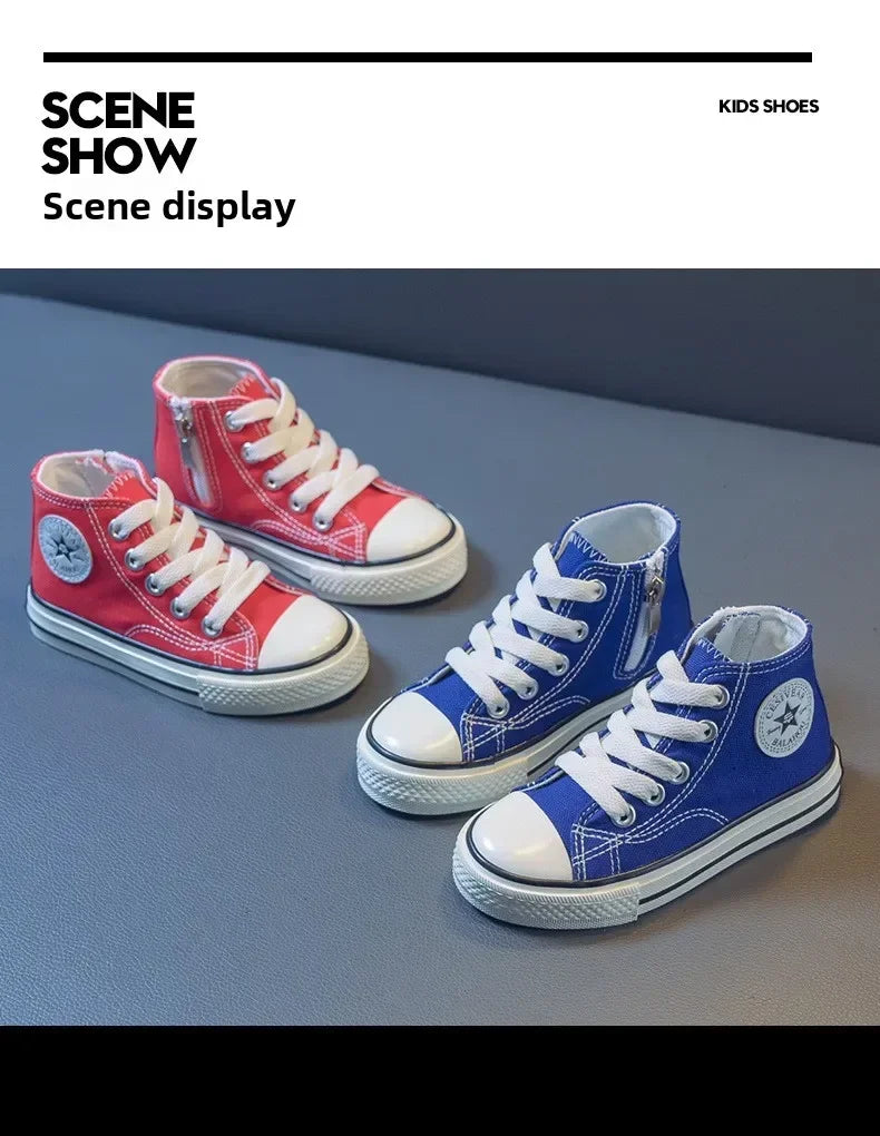 Girls Spring Korean Version Soft Soled Casual Shoes Boys High Top Canvas Shoes Children Antiskid Student Board Shoes Solid Color