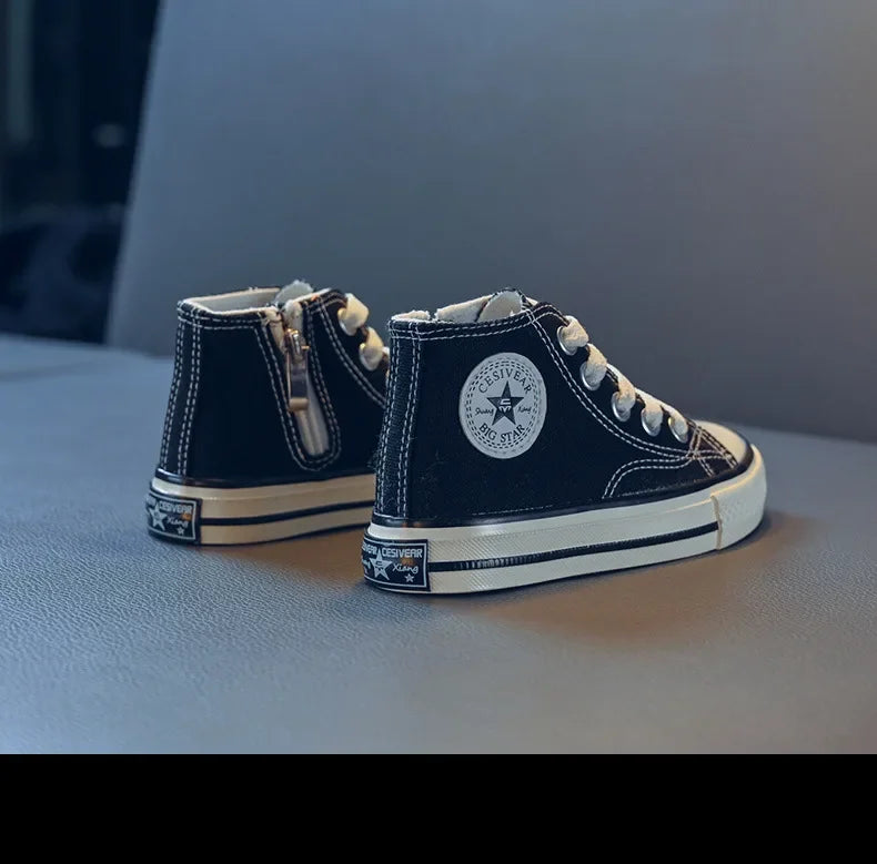 Girls Spring Korean Version Soft Soled Casual Shoes Boys High Top Canvas Shoes Children Antiskid Student Board Shoes Solid Color