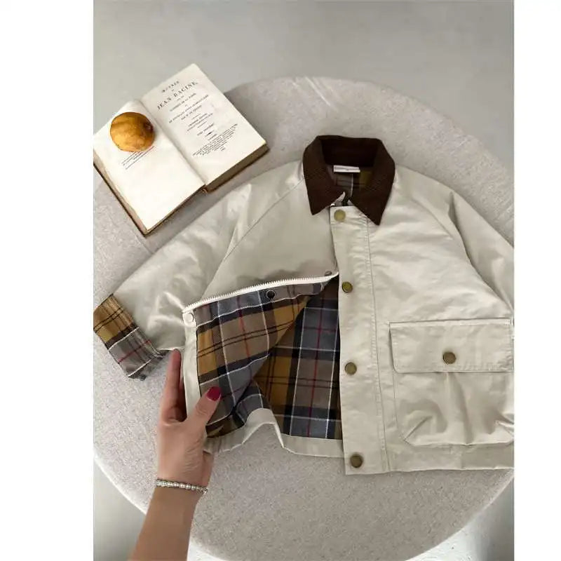 KIDWHXR Spring Kids Boys Coat Plaid Spliced Turn Down Collar Toddler Boys Outerwears Long Sleeve Pocket Children Boys Jacket