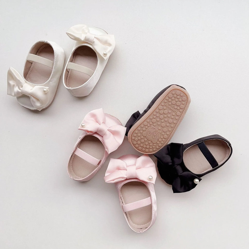 0-18M Newborn Baby Bowknot Shoes Rubber Sole Anti-slip PU Ballet Slippers Infant Girl Dress First Walkers Kids Pearl Crib Shoes