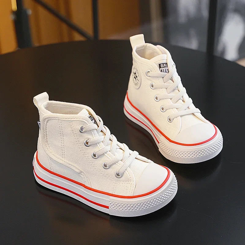 Spring Autumn Children Canvas Shoes Boys High Top Girls Casual Board Shoes Soft Soled Velcro Antiskid Solid Color Breathable