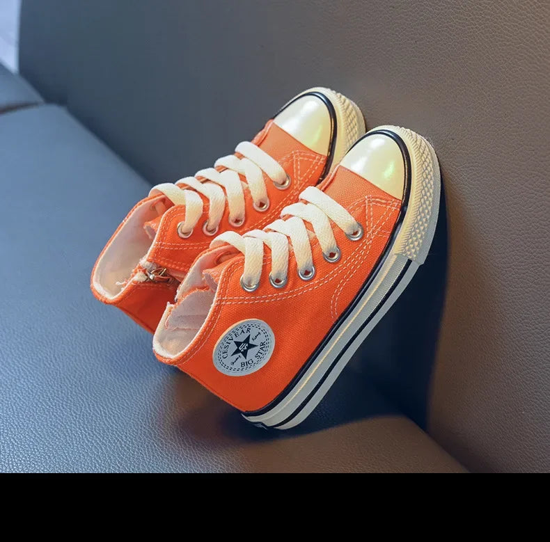 Girls Spring Korean Version Soft Soled Casual Shoes Boys High Top Canvas Shoes Children Antiskid Student Board Shoes Solid Color