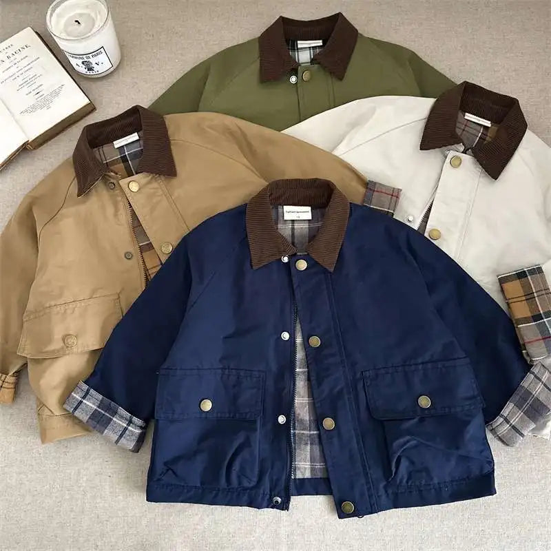 KIDWHXR Spring Kids Boys Coat Plaid Spliced Turn Down Collar Toddler Boys Outerwears Long Sleeve Pocket Children Boys Jacket
