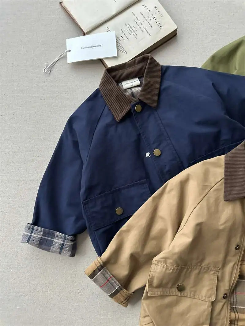 KIDWHXR Spring Kids Boys Coat Plaid Spliced Turn Down Collar Toddler Boys Outerwears Long Sleeve Pocket Children Boys Jacket