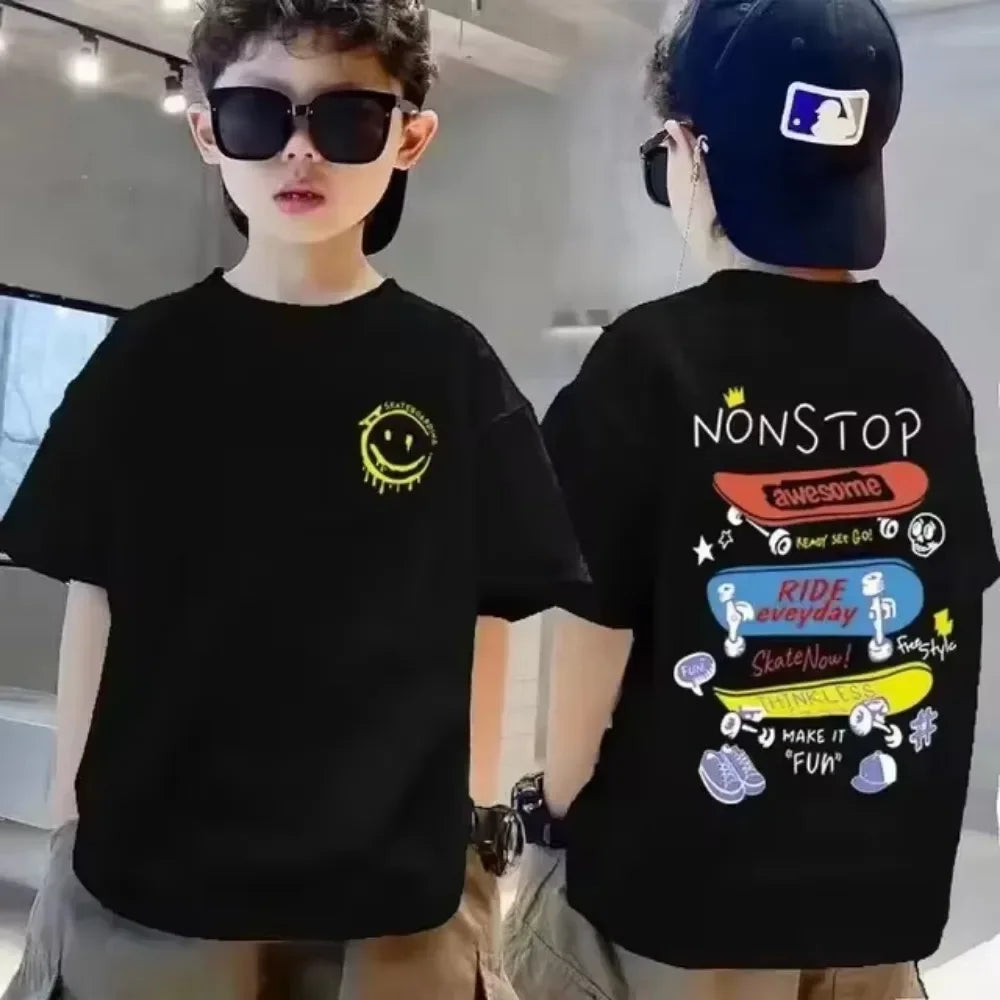 100% Cotton Kids T-shirt Summer Streetwear Cool Graffiti Print Boys Girls Short Sleeve Children Tops High Quality