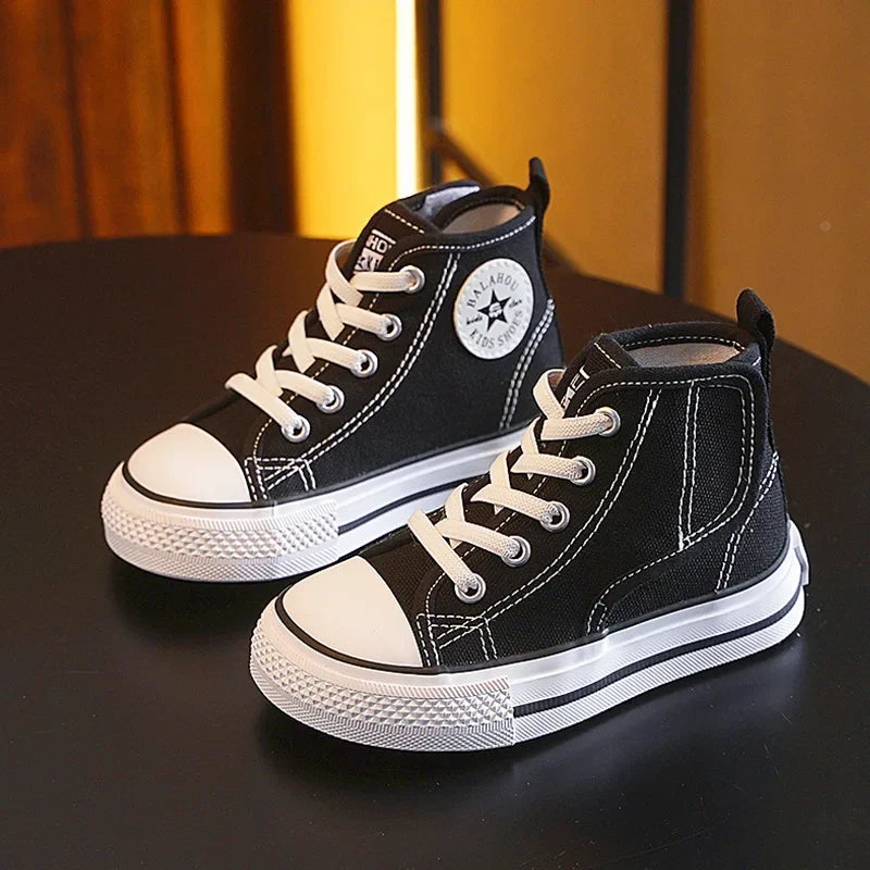 Spring Autumn Children Canvas Shoes Boys High Top Girls Casual Board Shoes Soft Soled Velcro Antiskid Solid Color Breathable