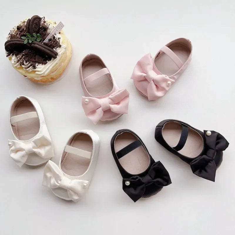 0-18M Newborn Baby Bowknot Shoes Rubber Sole Anti-slip PU Ballet Slippers Infant Girl Dress First Walkers Kids Pearl Crib Shoes