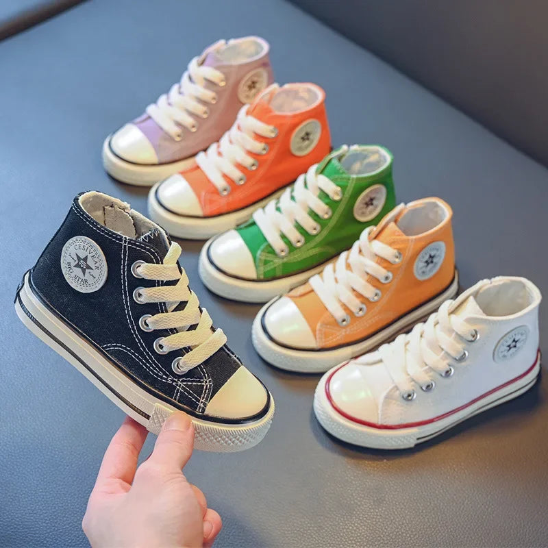 Girls Spring Korean Version Soft Soled Casual Shoes Boys High Top Canvas Shoes Children Antiskid Student Board Shoes Solid Color