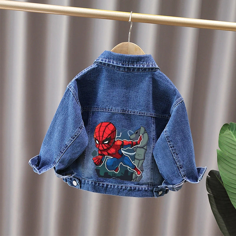 Cartoon Spiderman Print Boys' Casual Single-Button Denim Jacket Spring Autumn New Style Children's Jeans Coat for Ages 2-11