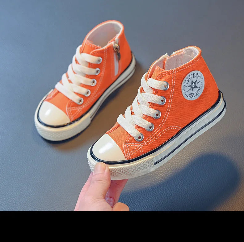 Girls Spring Korean Version Soft Soled Casual Shoes Boys High Top Canvas Shoes Children Antiskid Student Board Shoes Solid Color