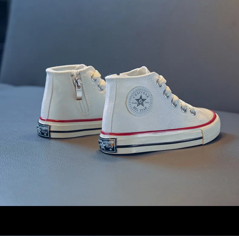 Girls Spring Korean Version Soft Soled Casual Shoes Boys High Top Canvas Shoes Children Antiskid Student Board Shoes Solid Color