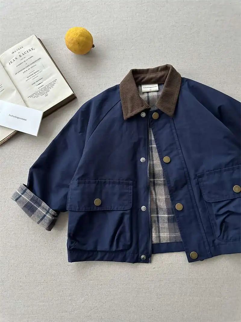 KIDWHXR Spring Kids Boys Coat Plaid Spliced Turn Down Collar Toddler Boys Outerwears Long Sleeve Pocket Children Boys Jacket