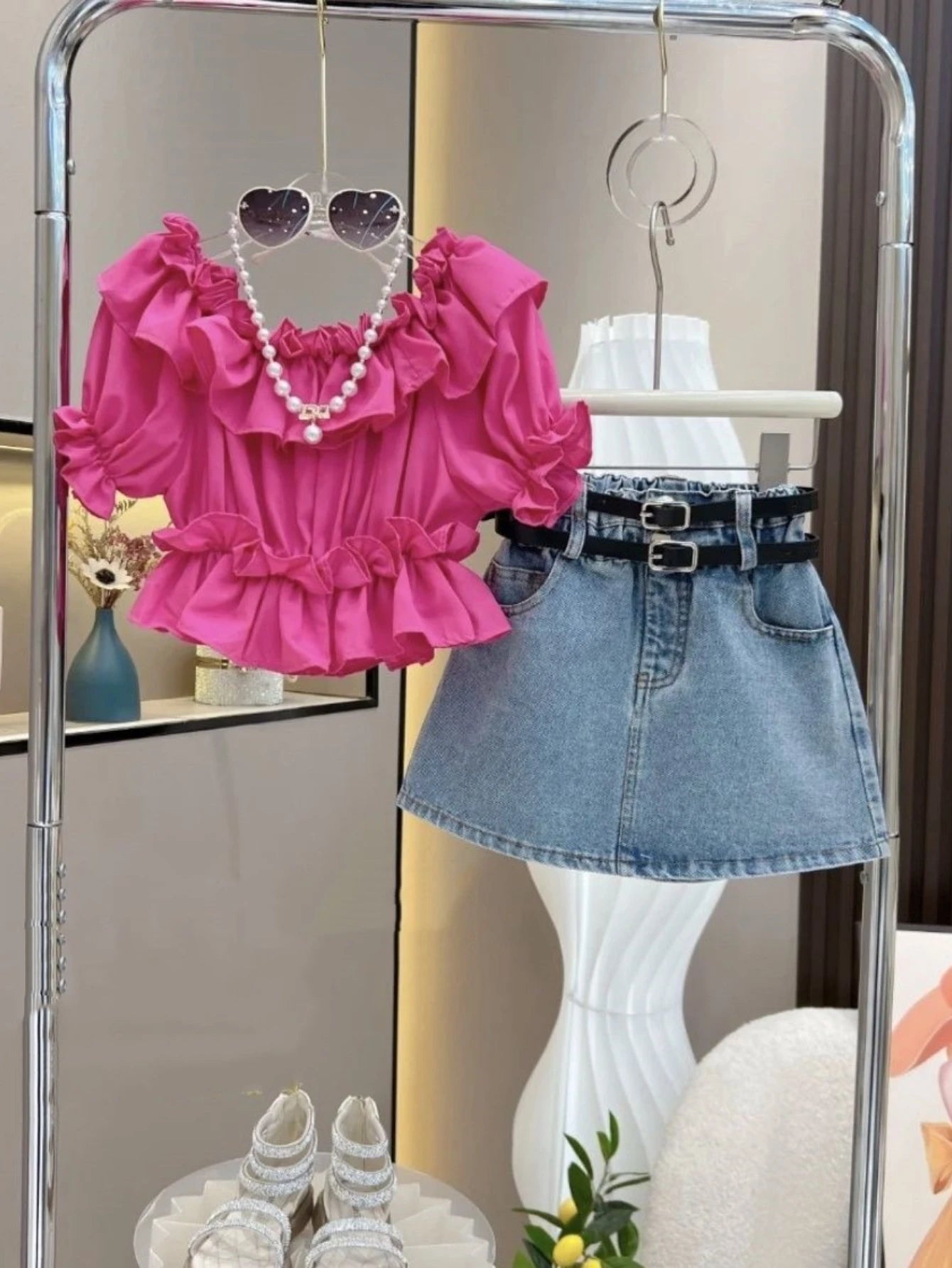 Girls Fashion Set – Ruffle Sleeve Top & High-Waisted Denim Skirt, Includes Belt, Cute Summer Outfit for Kids