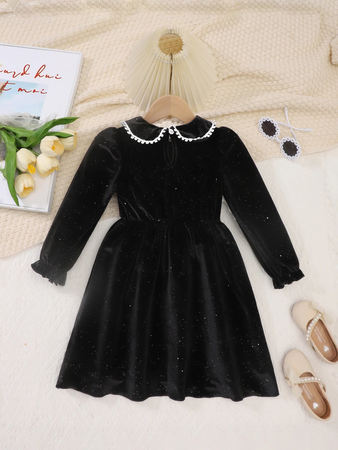 New Fashionable Dress For Girls In Spring And Autumn: Black Polka Dot Velvet Party Long-Sleeved Dress