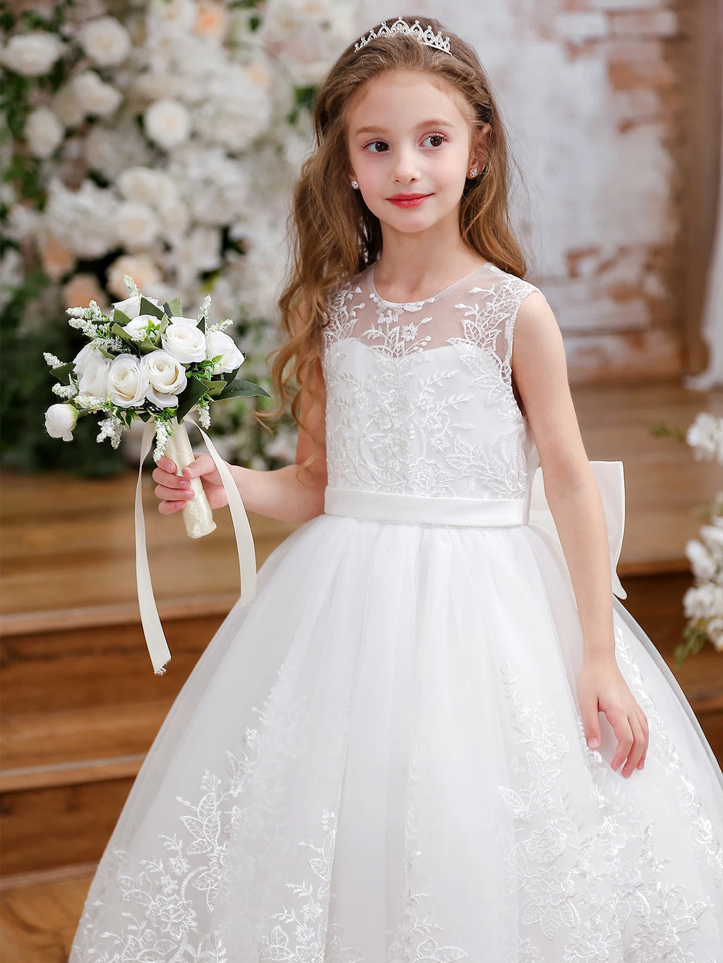 lower Girl Dress Embroidery Tulle Lace for Kid Bridesmaid Birthday Party Communion Formal Princess Bow Ball Gown
