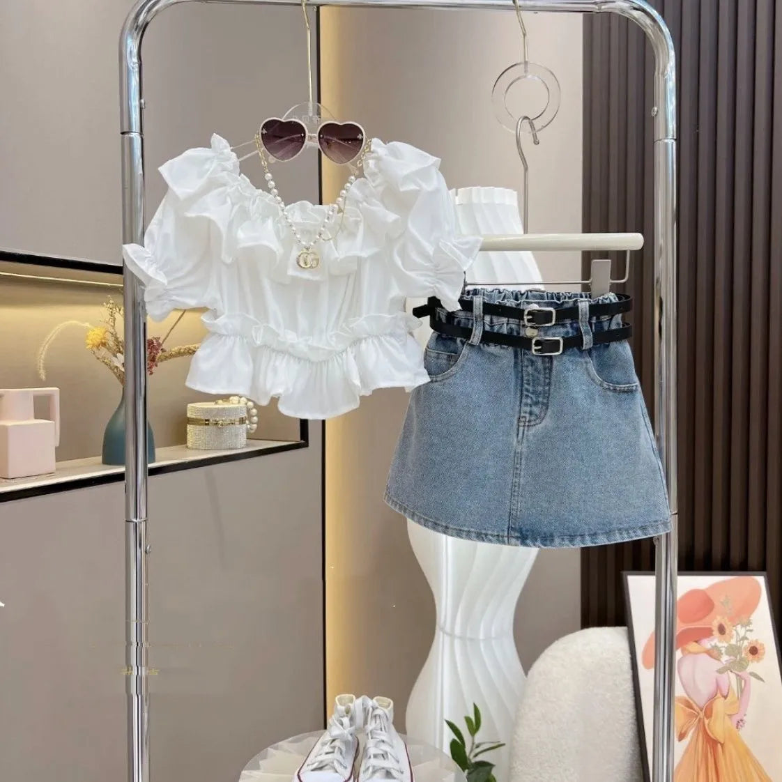 Girls Fashion Set – Ruffle Sleeve Top & High-Waisted Denim Skirt, Includes Belt, Cute Summer Outfit for Kids
