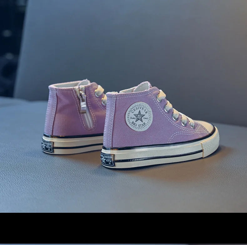 Girls Spring Korean Version Soft Soled Casual Shoes Boys High Top Canvas Shoes Children Antiskid Student Board Shoes Solid Color