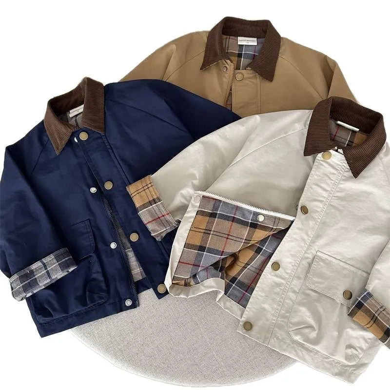 KIDWHXR Spring Kids Boys Coat Plaid Spliced Turn Down Collar Toddler Boys Outerwears Long Sleeve Pocket Children Boys Jacket