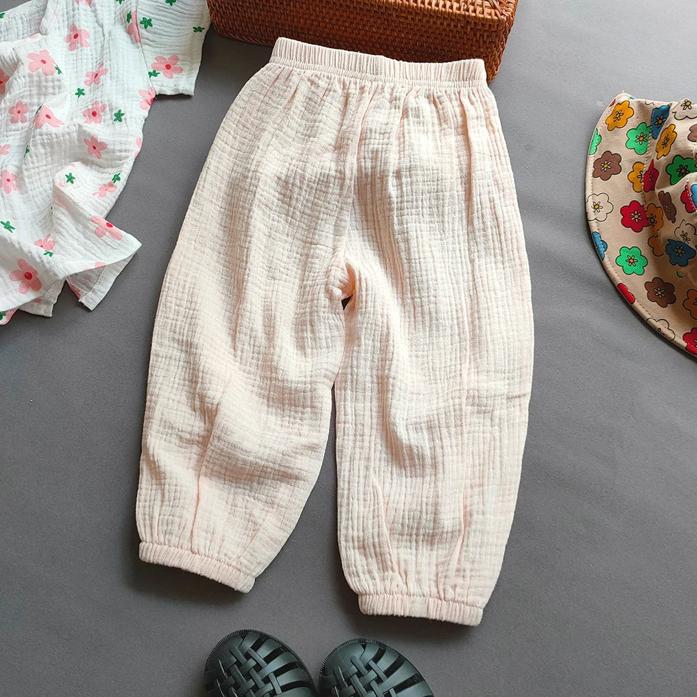 Summer Kids Cotton Line Harem Pant Children Clothes Girl Boy Solid Colour Cropped Pants Casual Girls Pants