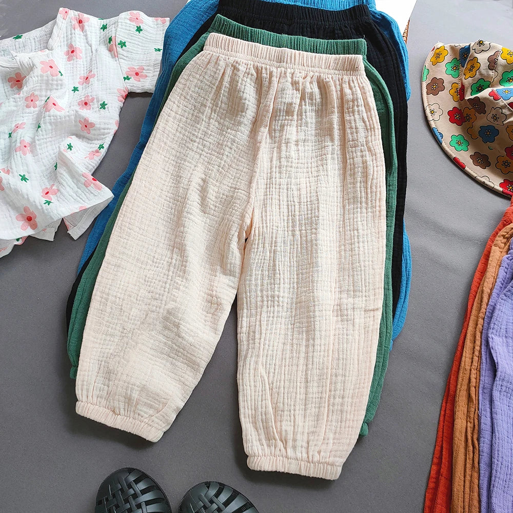 Summer Kids Cotton Line Harem Pant Children Clothes Girl Boy Solid Colour Cropped Pants Casual Girls Pants