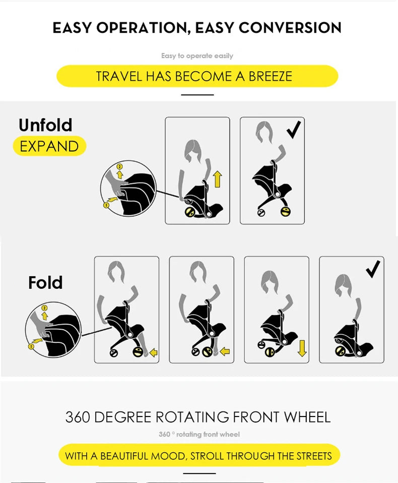 Newborn to Toddler Travel System All-in-One Baby Mobility Solution, Stroller + Car Seat + Cradle + Basket, Anti-Rebound Handle Design, Shock Absorption Plastic, 5-Point Safety Belt, Foot Brake, Unfold 82cm, Fold 60cm, 0-6 Yea